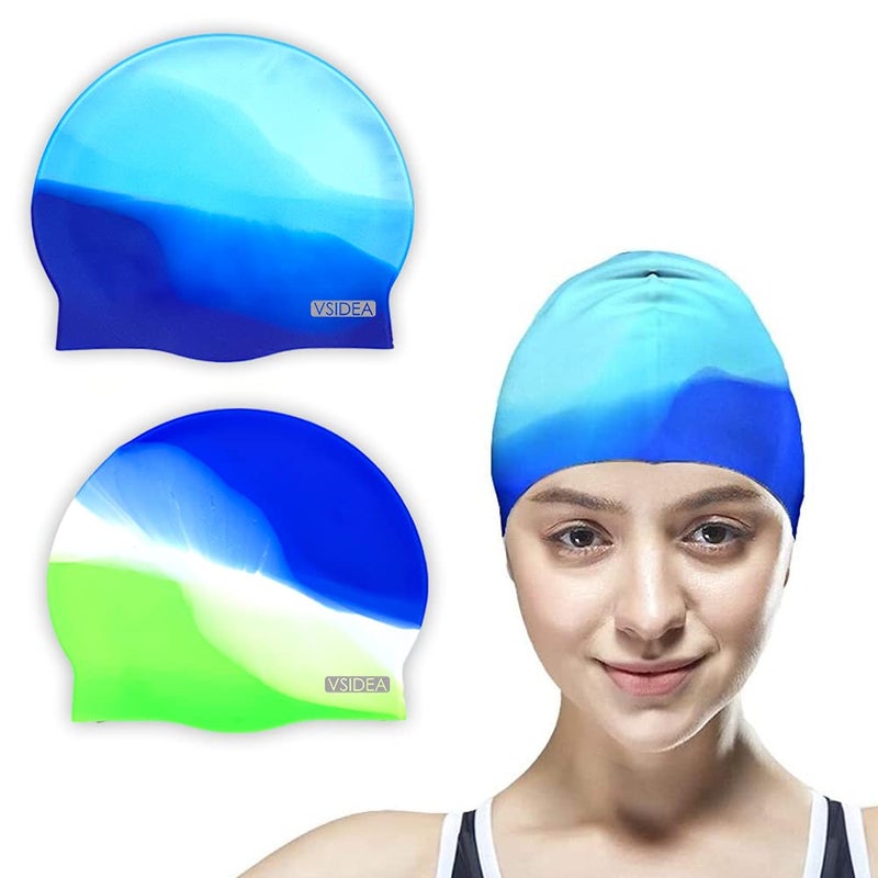 Vsidea Swim Cap Adult (2Pack), Comfortable Silicone Swimming Cap Man Women, Durable Non-Slip Waterproof with Multi Color Bright Cap for Adult Youths - Image 1
